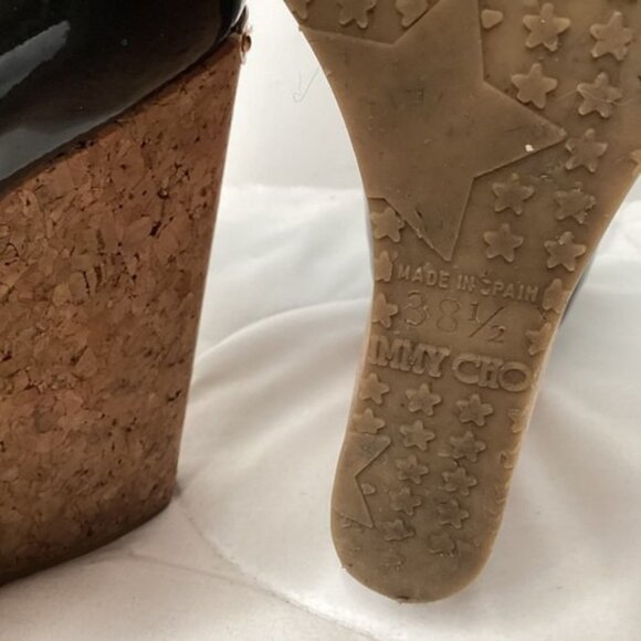Jimmy Choo Black Patent Cork Wedge Peep Toe Heels Shoes 38.5 EU / US 8.5 - Picture 5 of 8